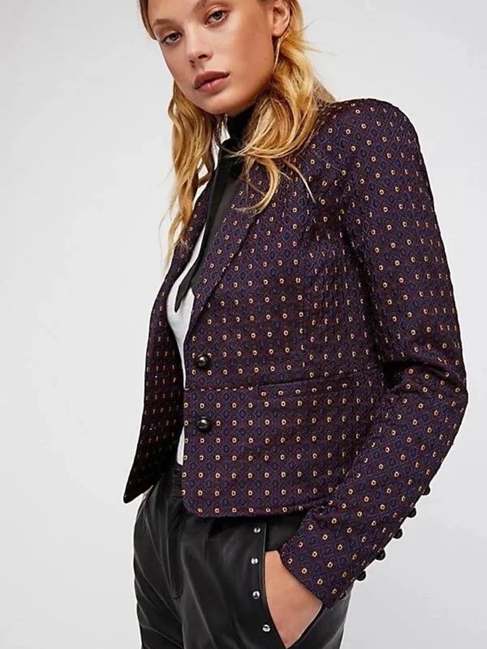Free People Navy Jacquard Print Single Breasted Cropped Blazer Women’s M